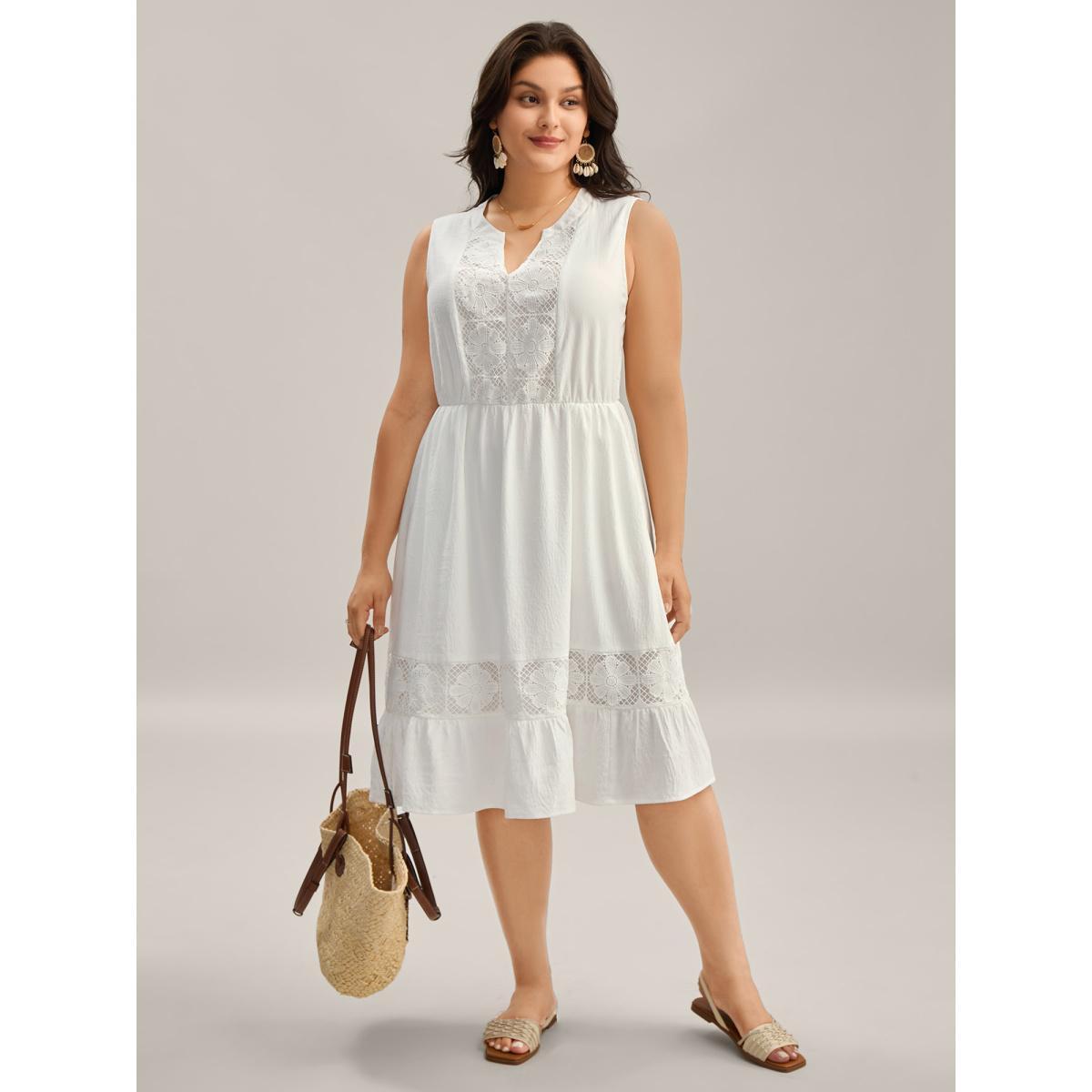 Plus Size Floral Textured Solid Tiered Hem Midi Dress Originalwhite Women Flat collar with V-notch Sleeveless Curvy BloomChic 30/6X Product Image