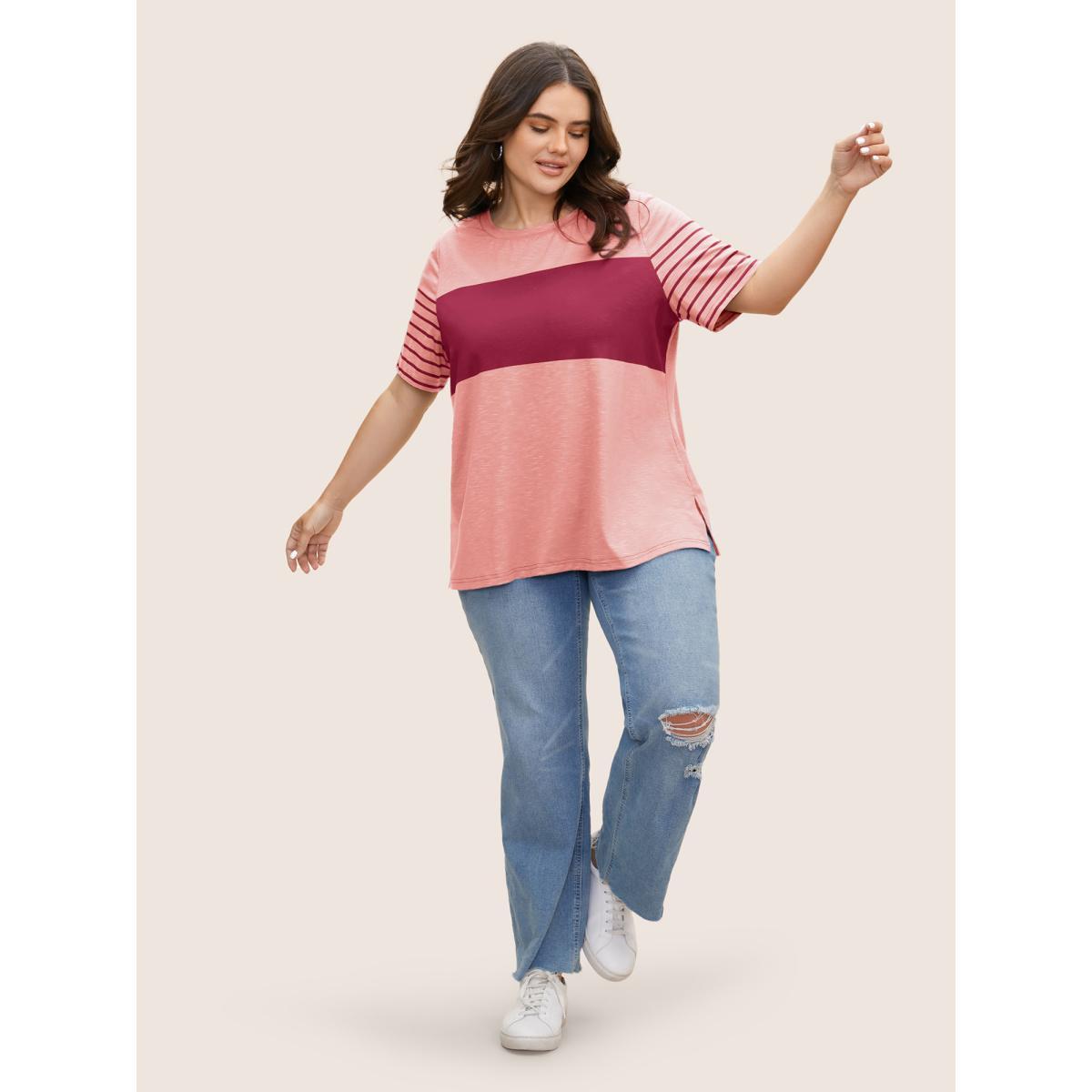 Plus Size Crew Neck Striped Patchwork Contrast T-shirt Crepe Women Casual Contrast Art&design Round Neck Everyday T-shirts BloomChic 14-16/1X Product Image