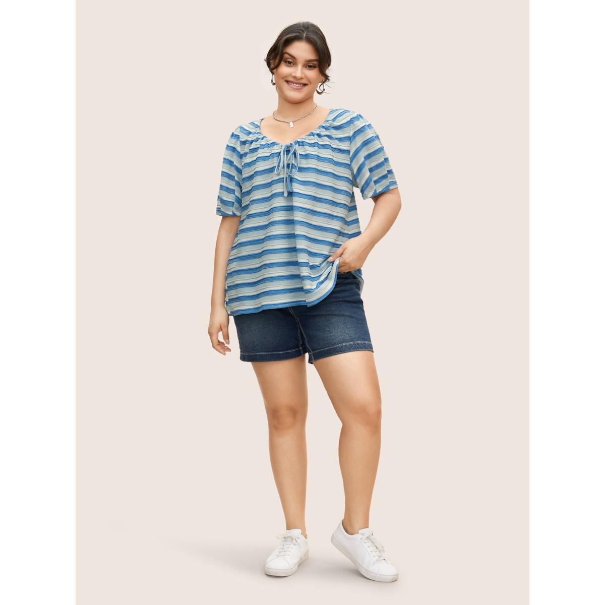 Plus Size V Neck Textured Striped Tie Knot T-shirt Skyblue Women Casual Texture V-neck Everyday T-shirts BloomChic 10/M Product Image