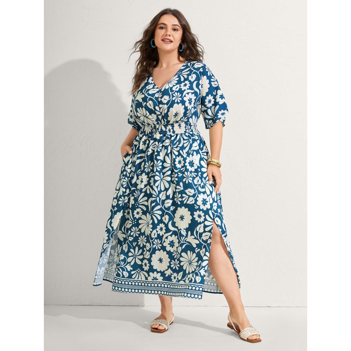 Plus Size Large Floral Print Pockets Midi Dress DarkGreen Women Slit V-neck Short sleeve Curvy BloomChic 26/4X Product Image