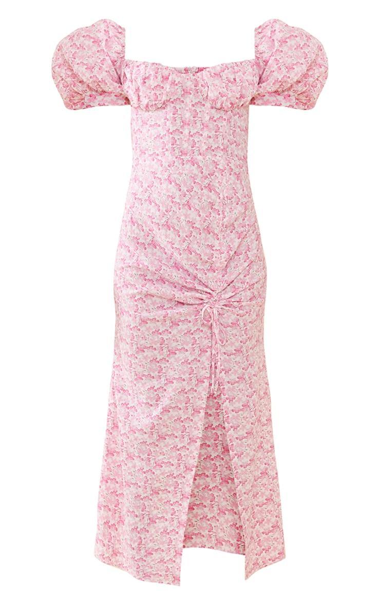 Pink Floral Satin Puff Sleeve Corset Ruched Midaxi Dress Product Image