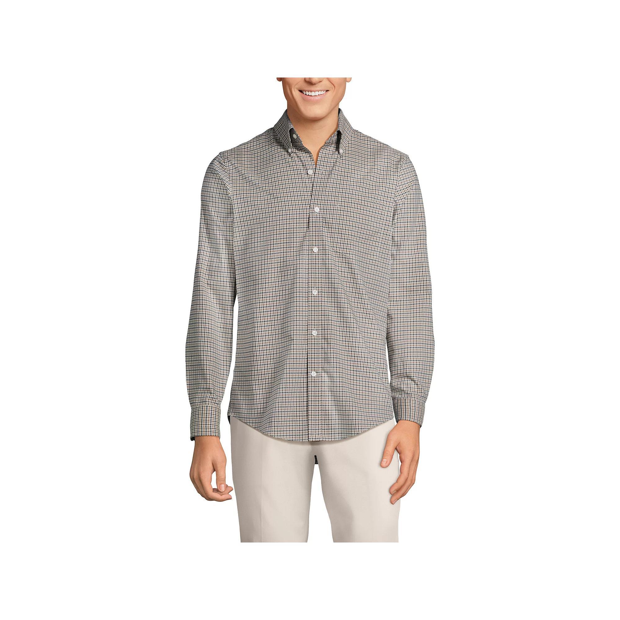 Big & Tall Lands' End Traditional-Fit No-Iron Twill Button-Down Shirt, Men's, Size: Large Tall, White Blue Plaid Product Image