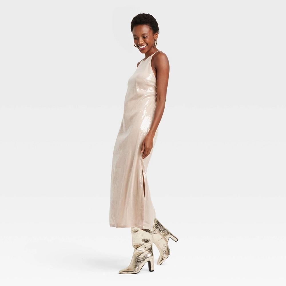 Women's Sequin Midi A-Line Dress - A New Day™ Tan S Product Image