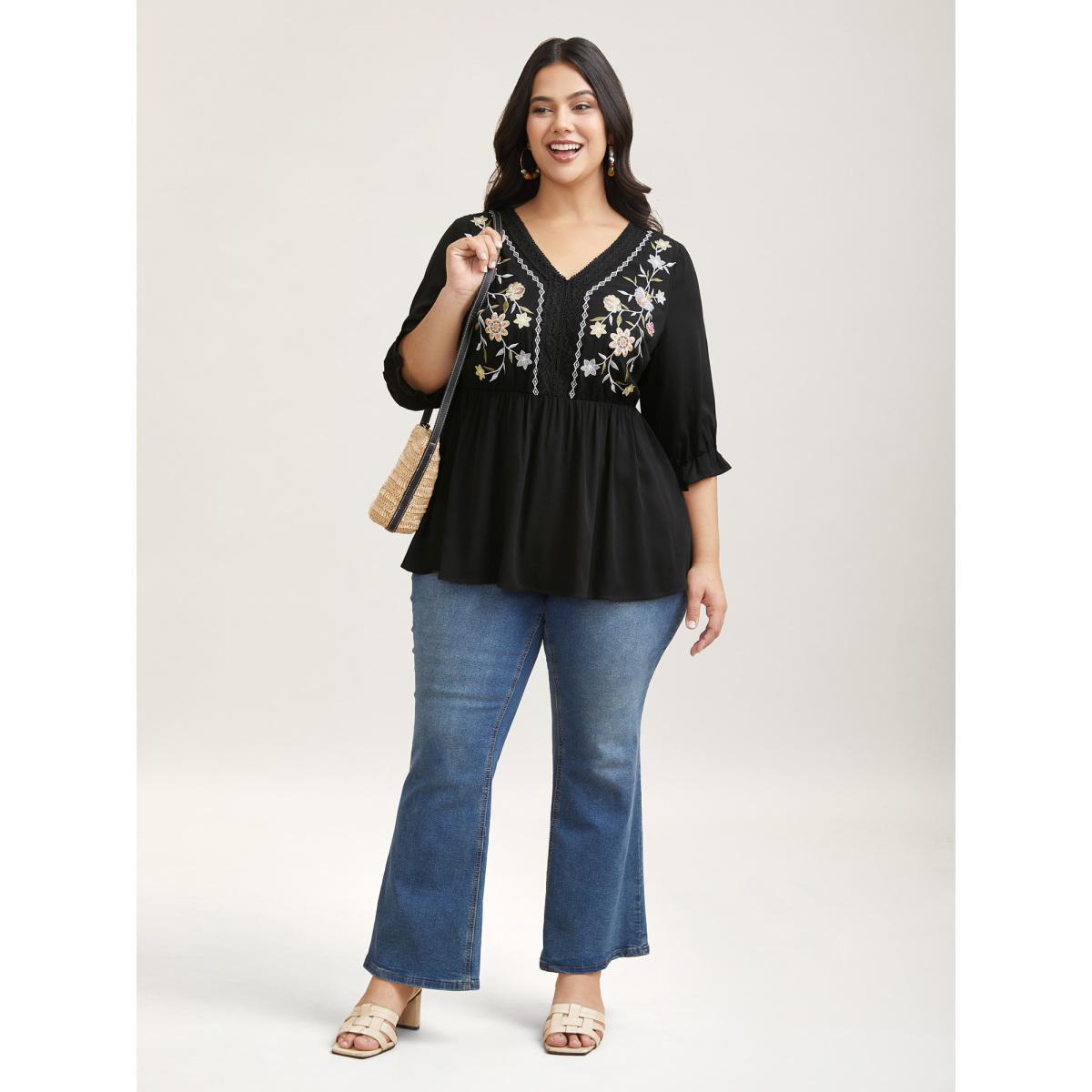 Plus Size Black Embroidered Lace Spliced Peplum Shirt Women Resort Elbow-length sleeve V-neck Vacation Blouses BloomChic 26/4X Product Image