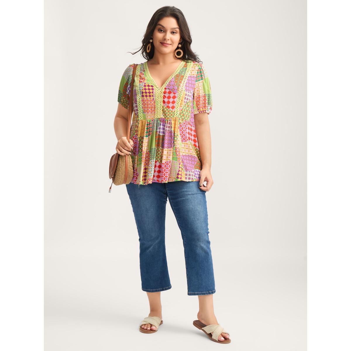 Plus Size Multicolor Vibrant Collage Print Babydoll Top Women Short sleeve Deep V-neck Vacation Blouses BloomChic 18-20/2X Product Image