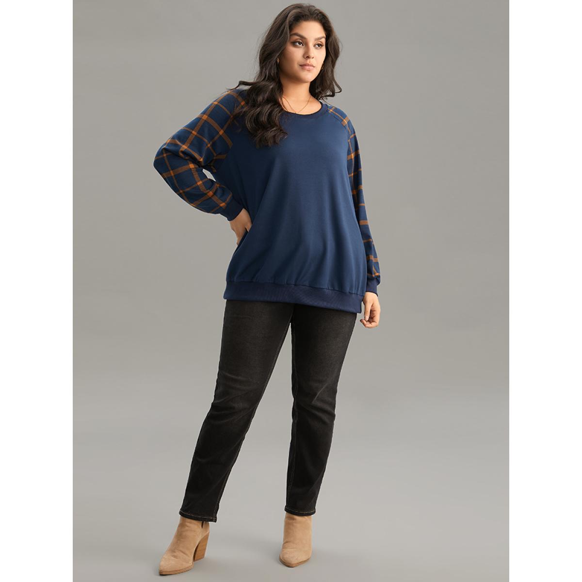 Plus Size Plaid Two Tone Patchwork Rib Knit Sweatshirt Women Indigo Elegant Rib Knit Round Neck Dailywear Sweatshirts BloomChic 10/M Product Image