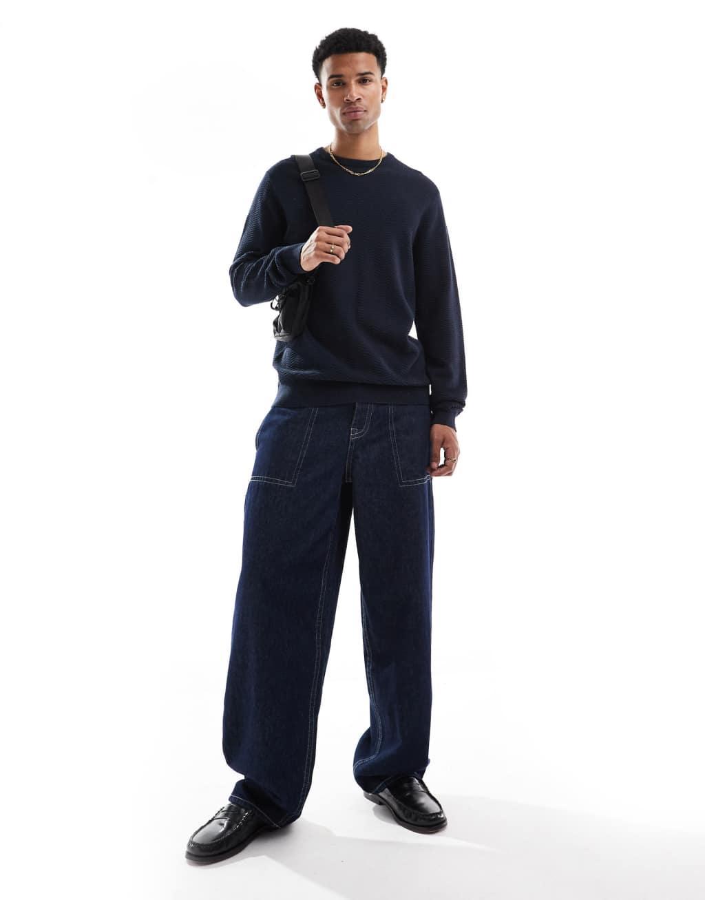 Threadbare crew neck knit sweater in navy Product Image