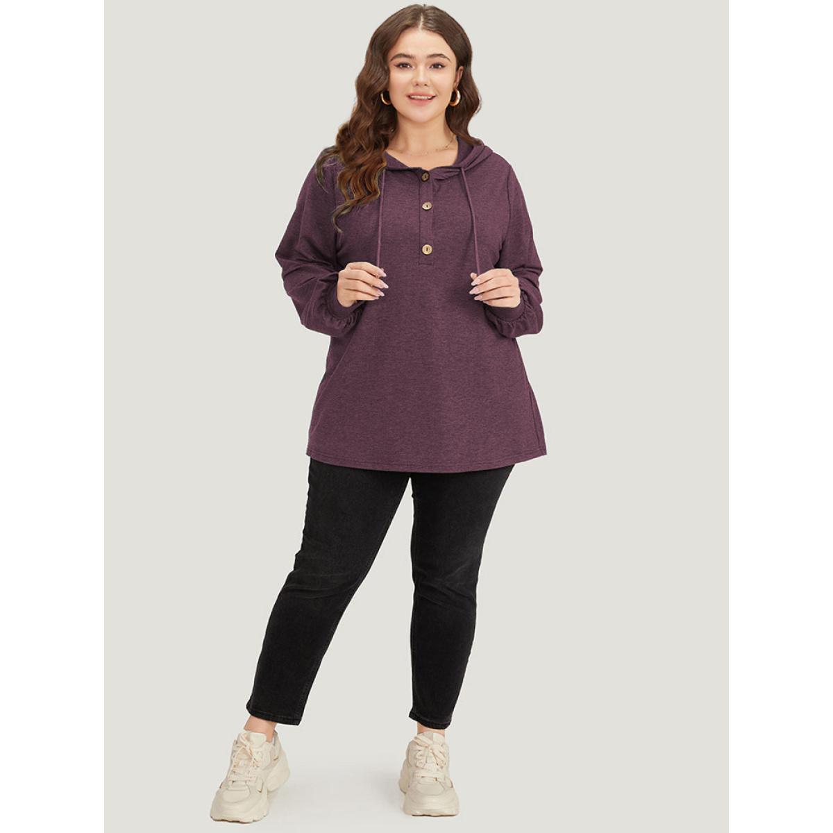 Plus Size Plain Drawstring Button Up Hooded Elastic Cuffs Sweatshirt Women Burgundy Casual Elastic cuffs Hooded Dailywear Sweatshirts BloomChic 12/L Product Image