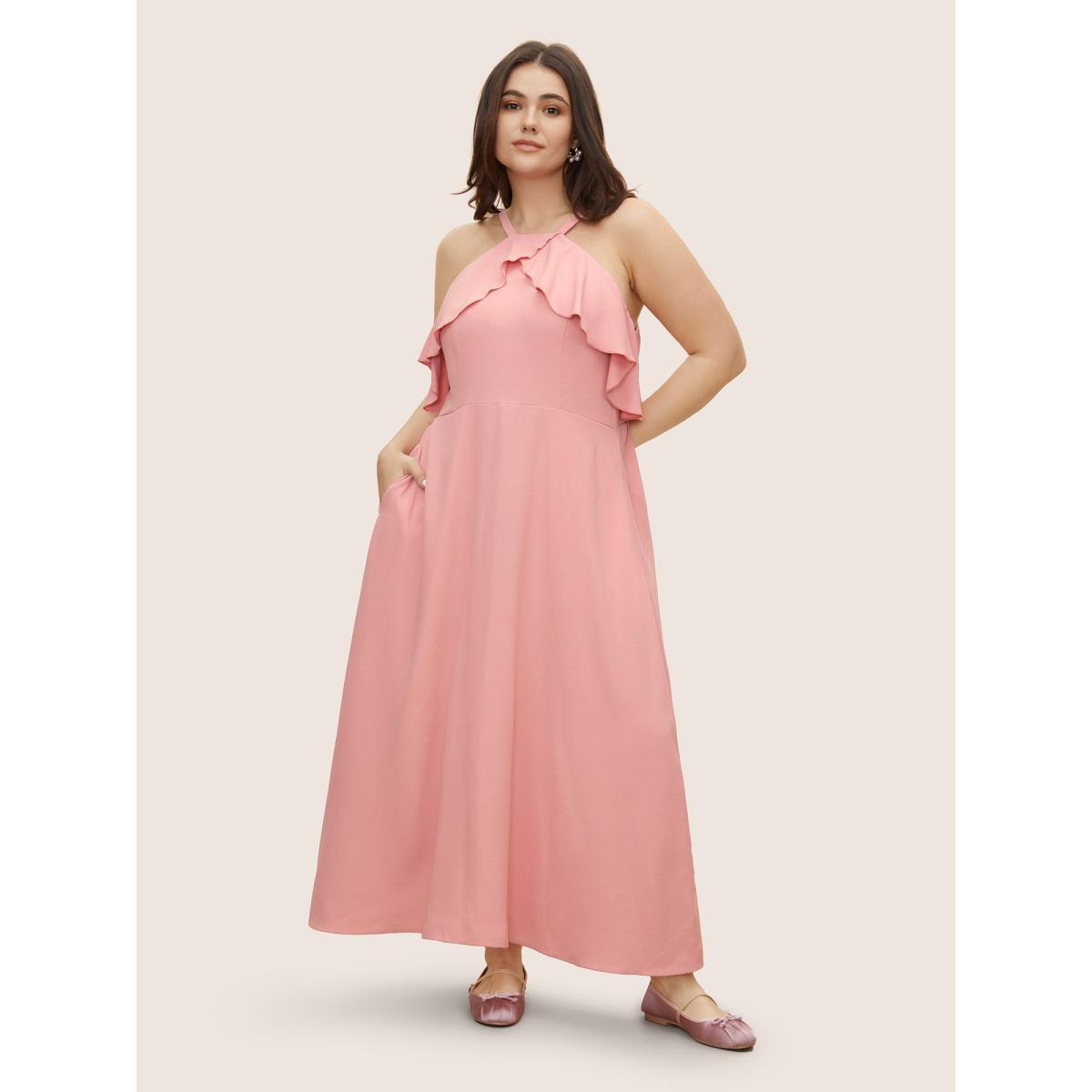 Plus Size Plain Ruffle Trim Pocket Adjustable Straps Dress Watermelon Women Formal Ruffles Non Sleeveless Curvy Midi Dress BloomChic 28/5X Product Image