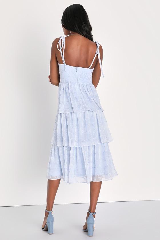 Vineyard Visit Blue Embroidered Tie-Strap Tiered Midi Dress Product Image