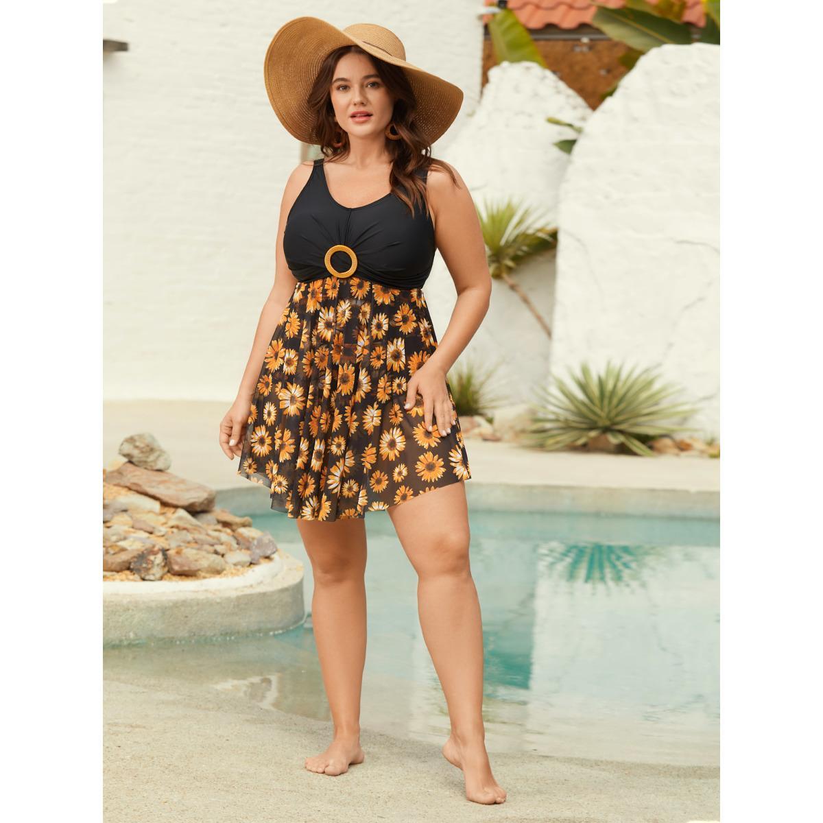 Plus Size Sunflower Pattern Mesh Contrast Swim Dress Women's Swimwear Black Beach Bodycon U-neck High stretch Curve Swim Dresses BloomChic 22-24/3X Product Image