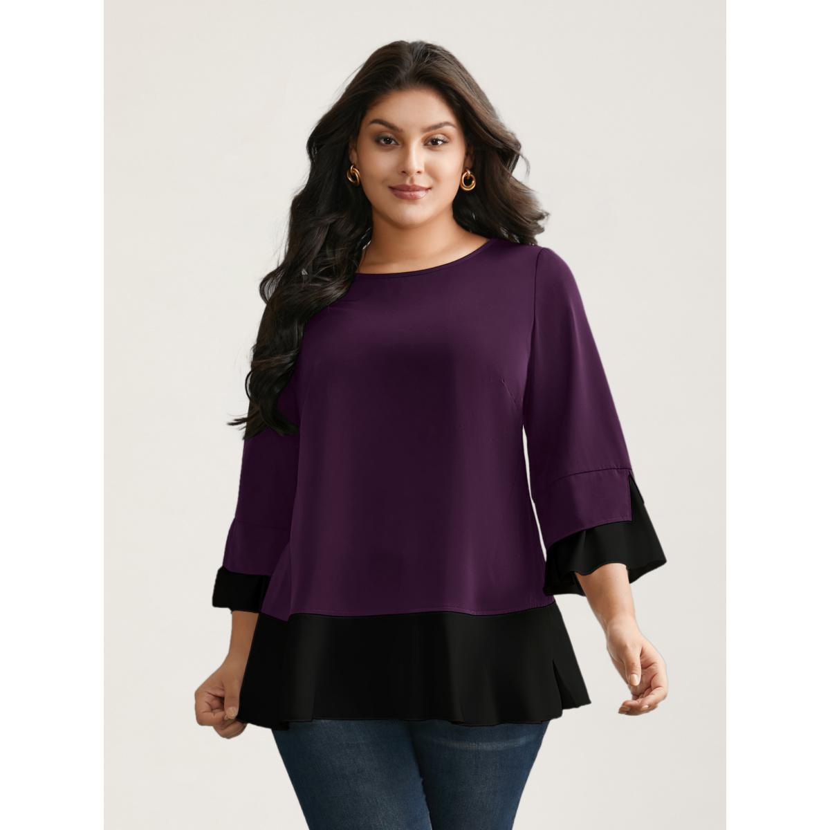Plus Size Deeppurplered Contrast Patchwork Bell Sleeve Blouse Women Elegant Elbow-length sleeve Round Neck Everyday Blouses BloomChic 14-16/1X Product Image