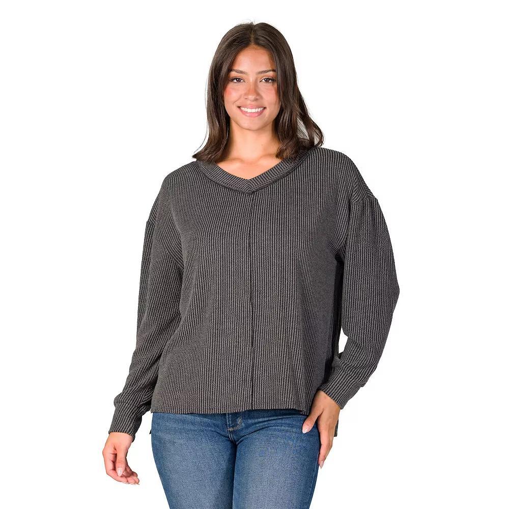 Women's 24Seven Comfort Apparel Relaxed Fit Ribbed V Neck Sweater Top, Size: Large, Black Product Image
