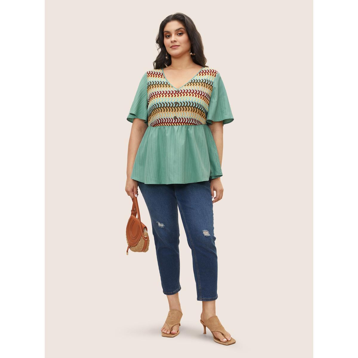Plus Size Mint Texture Patchwork Ruffle Sleeve Button Detail Blouse Women Resort Short sleeve V-neck Vacation Blouses BloomChic 12/L Product Image