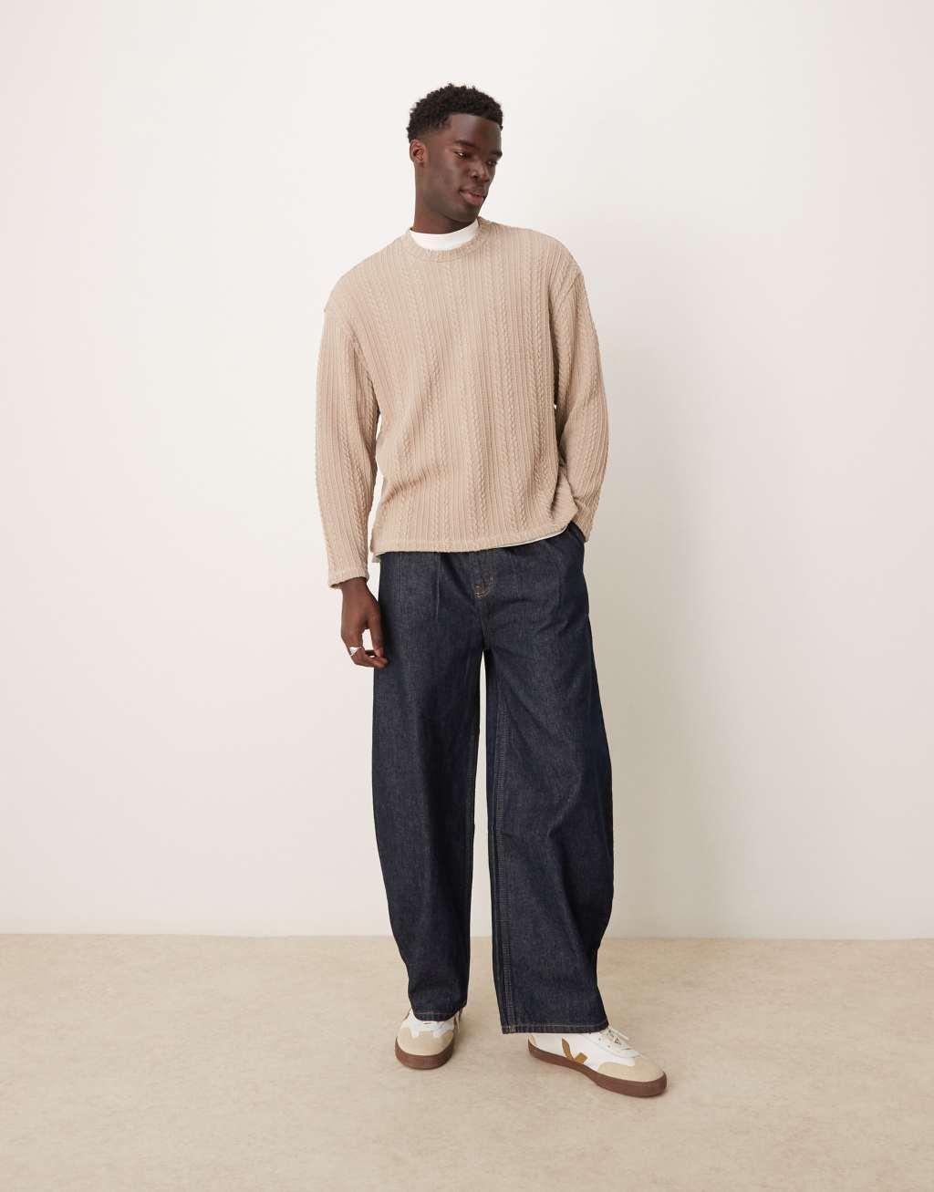 ASOS DESIGN relaxed boxy lightweight sweater with cable texture in biscuit Product Image