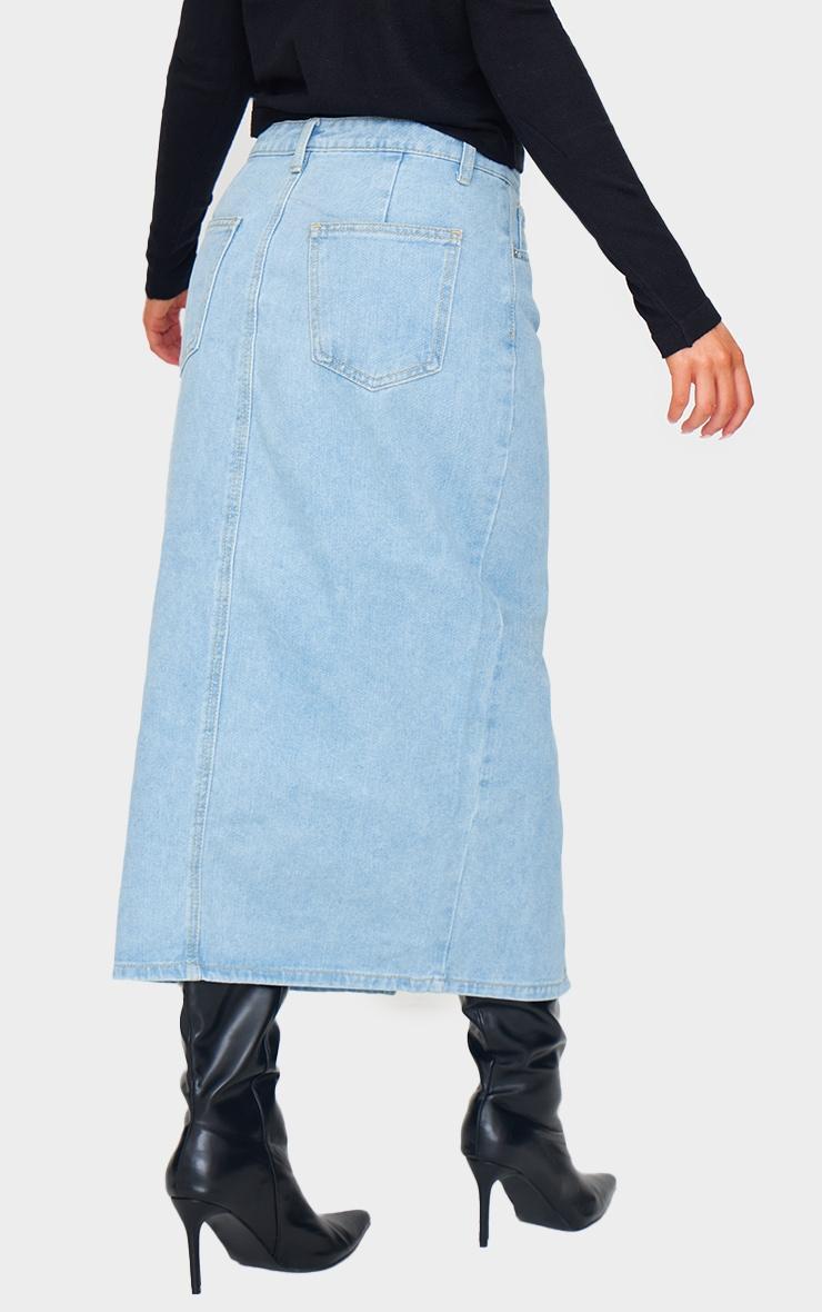 Light Blue Wash Split Front Mid Rise Denim Midi Skirt Product Image