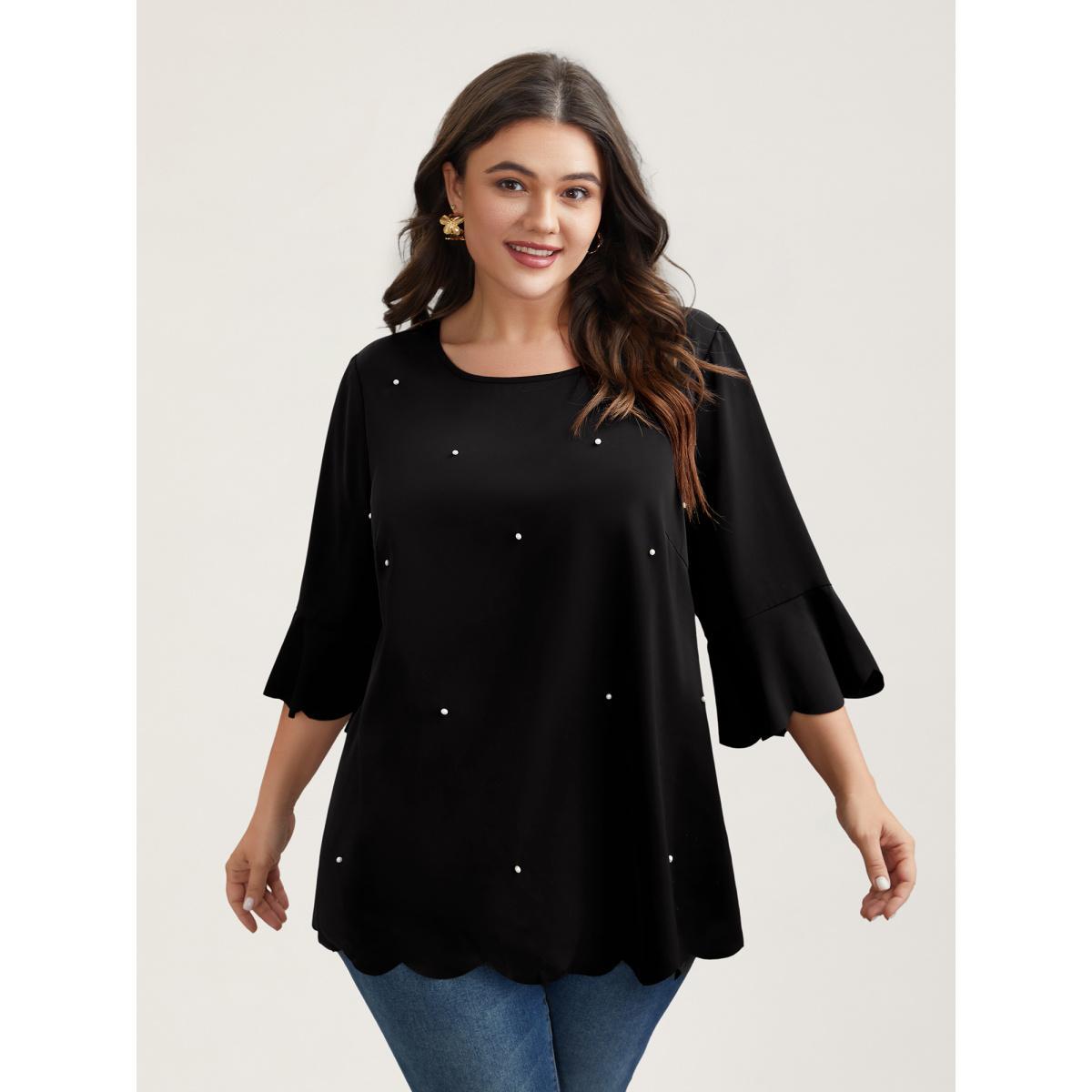 Plus Size Black Beads Embellished Scalloped Hem Shirt Women Elegant Elbow-length sleeve Round Neck Everyday Blouses BloomChic 10/M Product Image