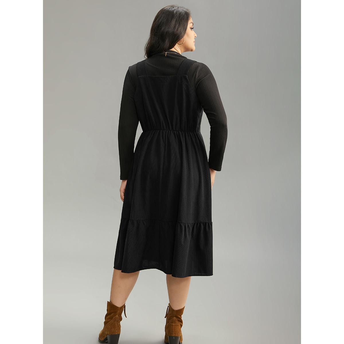 Plus Size Corduroy Button Detail Ruffles Adjustable Straps Dress Black Women Casual Adjustable Straps Spaghetti Strap Sleeveless Curvy Midi Dress BloomChic 12/L Product Image