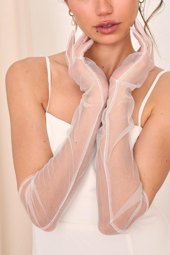 Loving Touch White Sheer Tulle Elbow-Length Gloves Product Image