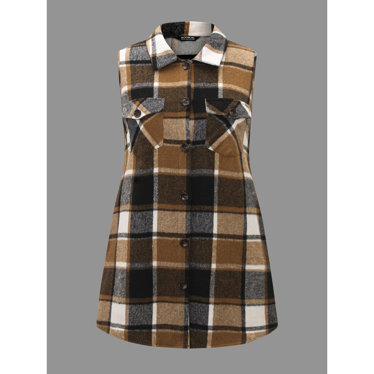 Plus Size Plaid Flap Detail Sleeveless Jacket Women Yellowishbrown Button Side seam pocket Everyday Jackets BloomChic 10/M Product Image
