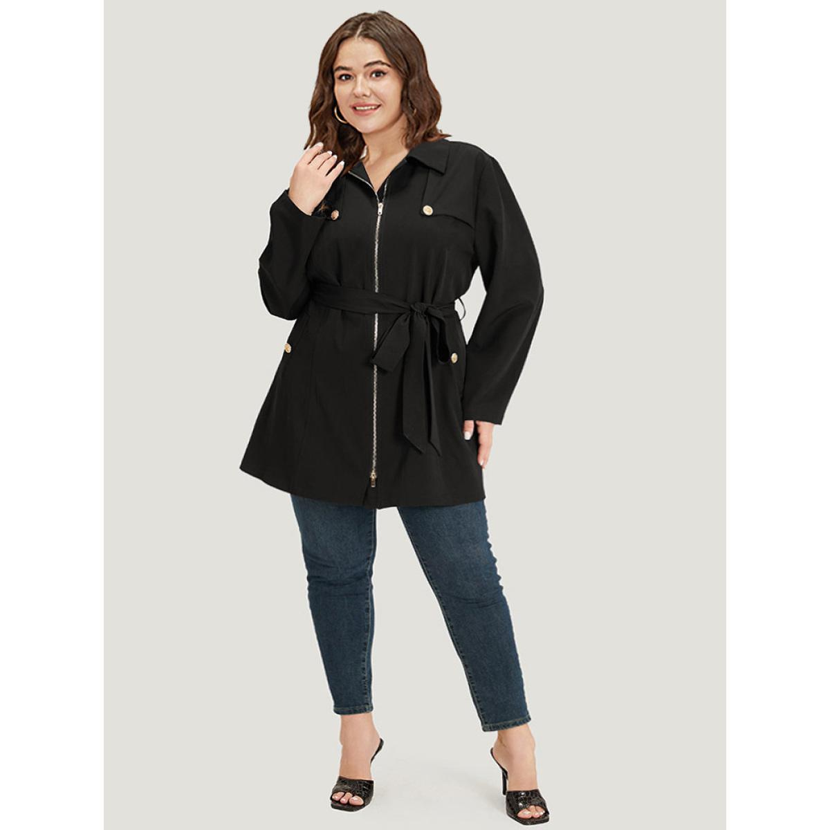 Plus Size Solid Belted Button Detail Zipper Pocket Coat Women Black Plain Pocket Belt Dailywear Jackets BloomChic 22-24/3X Product Image