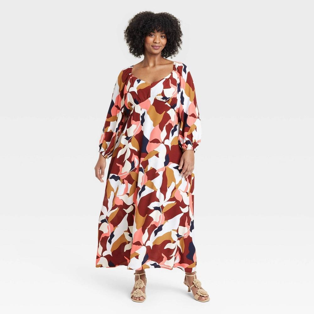 Womens Long Sleeve Crepe Maxi A-Line Dress - A New Day Red Floral XXL Product Image