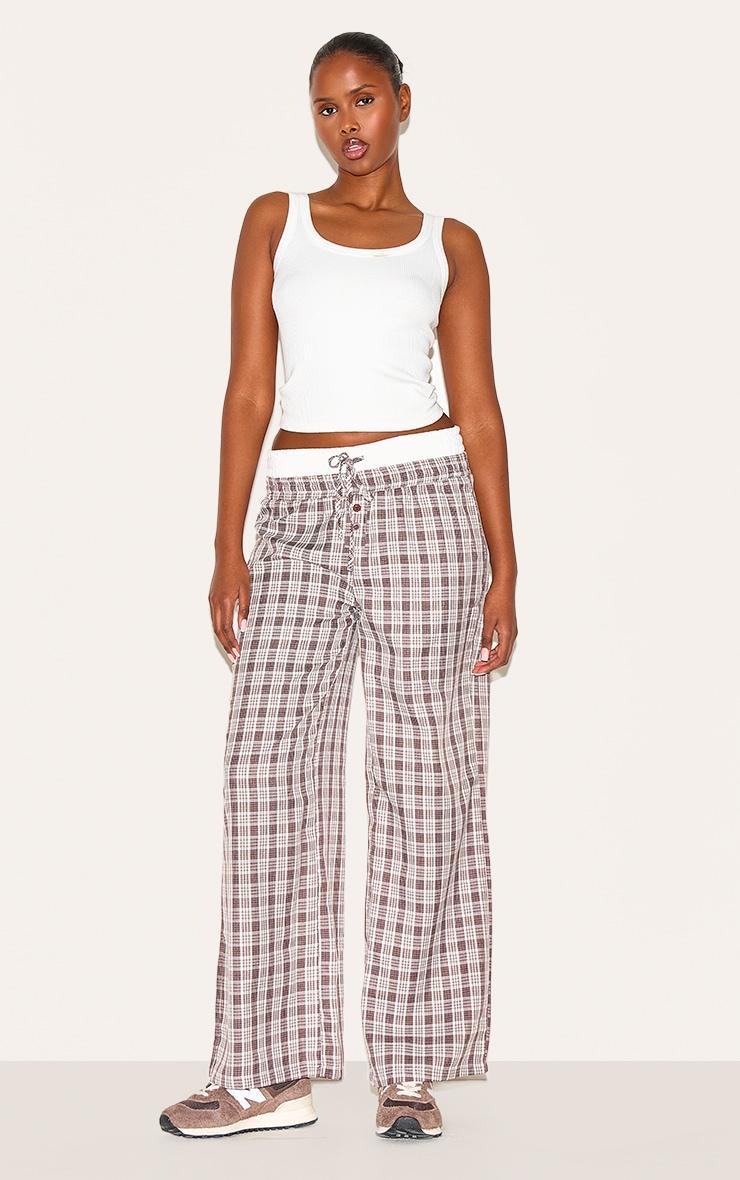 Brown Gingham Print Button Front Straight Leg Pants Product Image