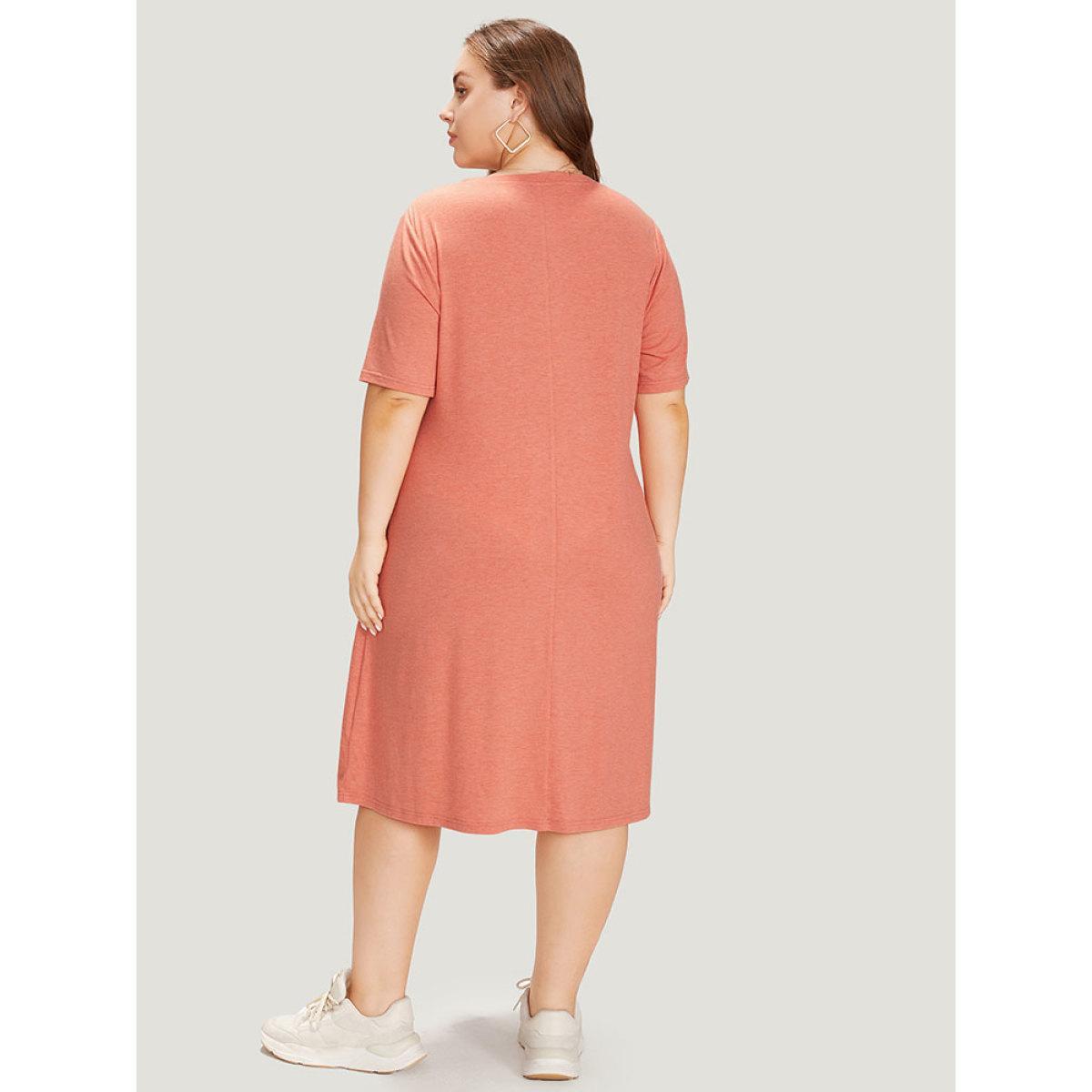 Plus Size Supersoft Essentials Letter Print Pocket Crisscross Neck Dress Coral Women Casual Plain Curvy Midi Dress BloomChic 30/6X Product Image