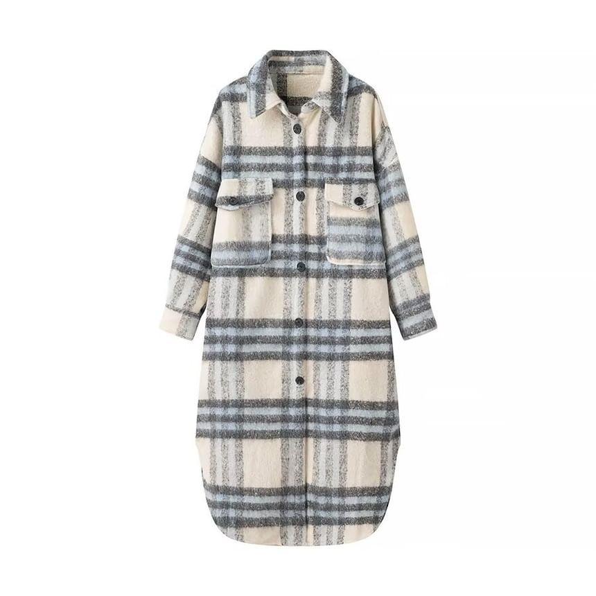 Long Sleeve Collared Plaid Midi A-Line Shirt Dress Product Image