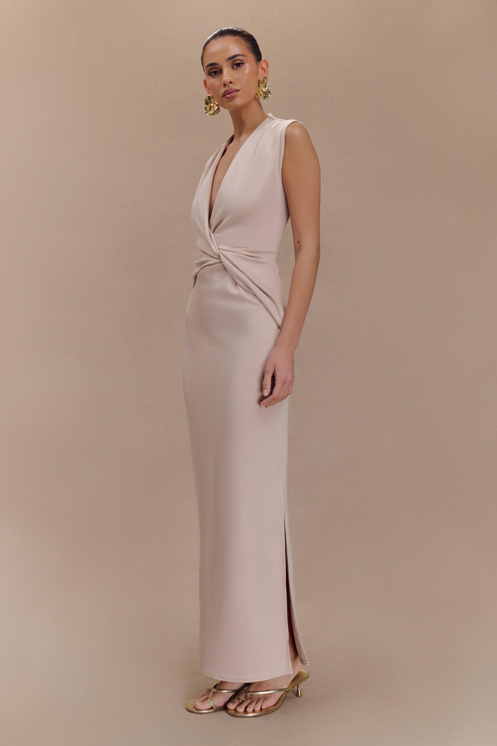 Lorelei Crepe Twist Midi Dress - Taupe Product Image