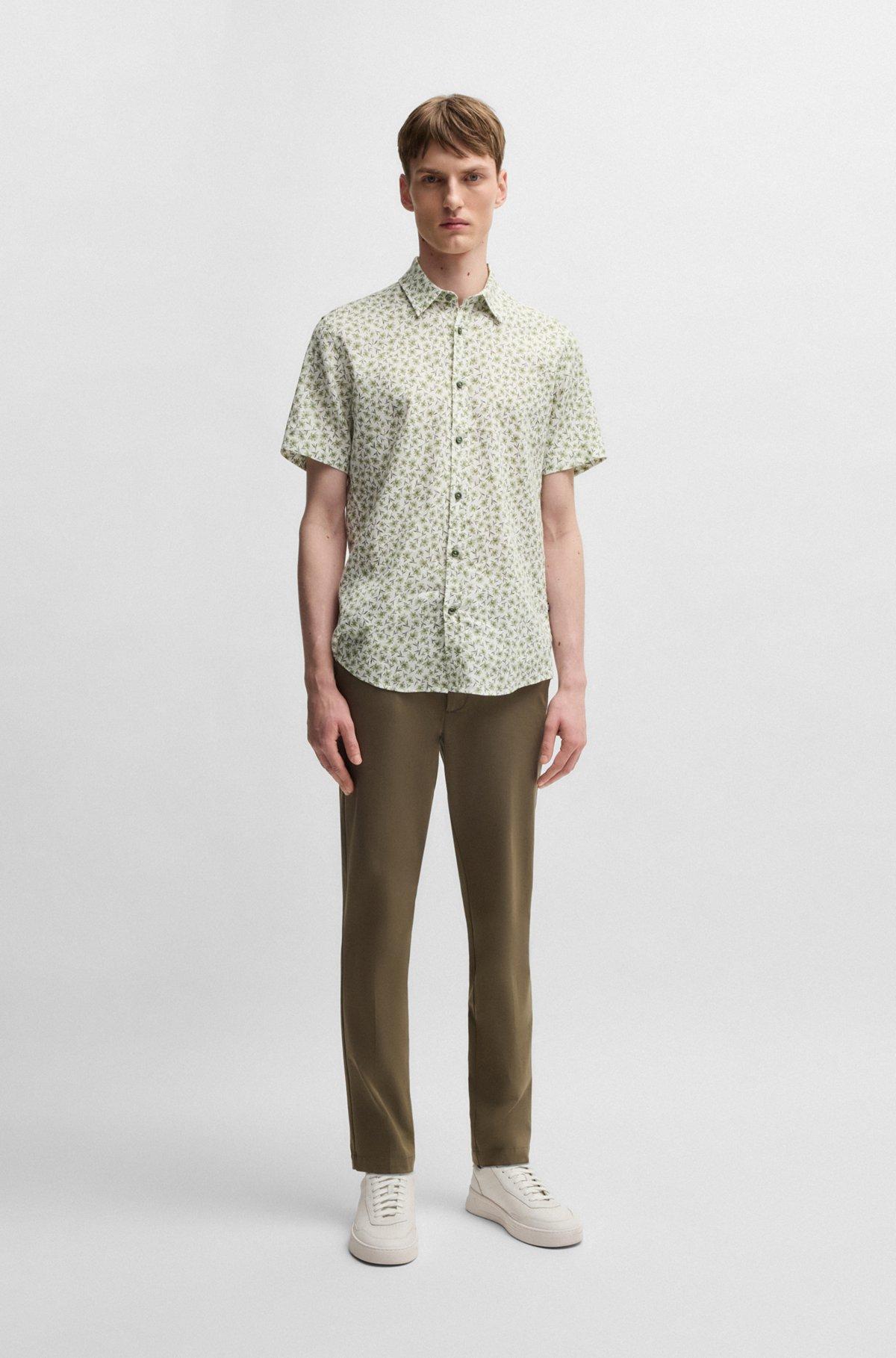 BOSS - Slim-fit shirt in floral-print stretch linen - Green Product Image