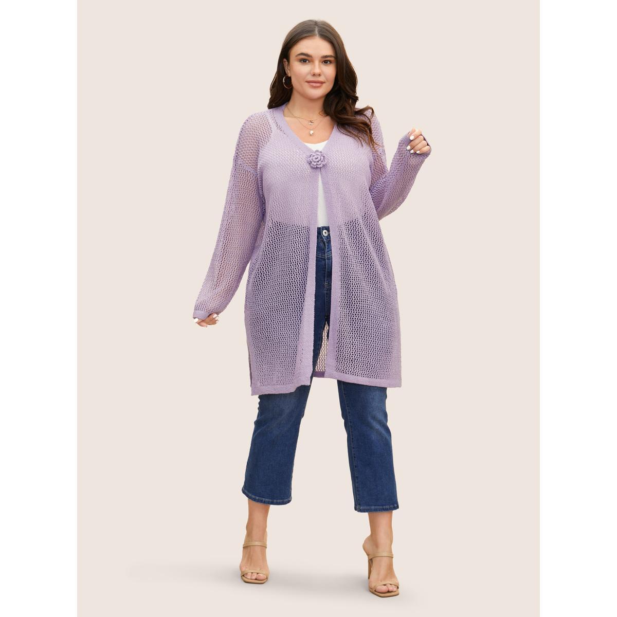 Plus Size Solid Stereo Flower Design Cut Out Cover Up Women's Swimwear Lavender Beach Loose Texture Curve Swim Cover Ups BloomChic 14-16/1X Product Image