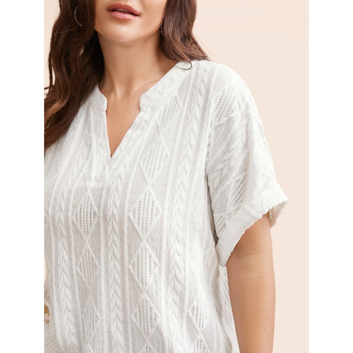 Plus Size Plain Jacquard Notched Dolman Sleeve T-shirt Ivory Women Elegant Texture Flat collar with V-notch Everyday T-shirts BloomChic 26/4X Product Image