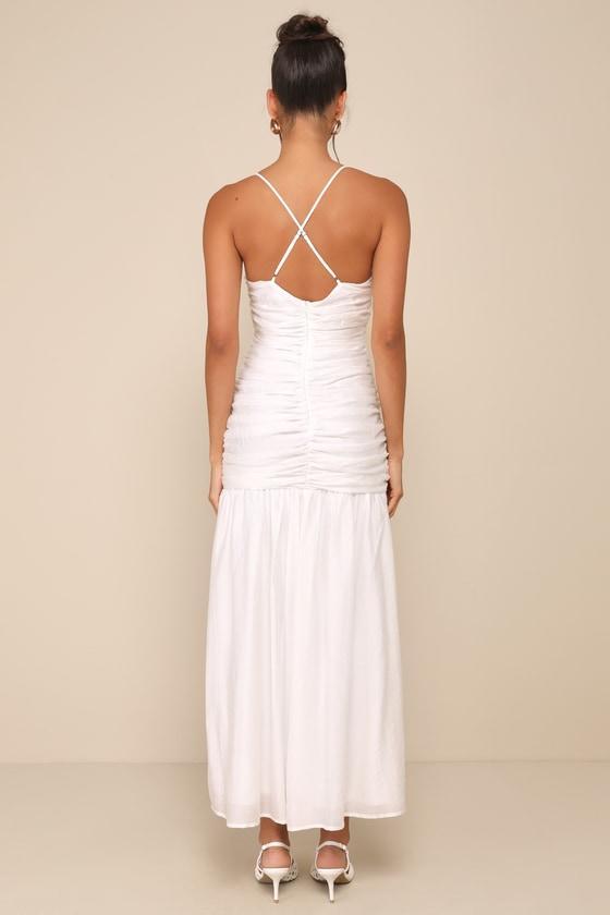 Dream Elegance White Ruched Rosette Drop Waist Maxi Dress Product Image