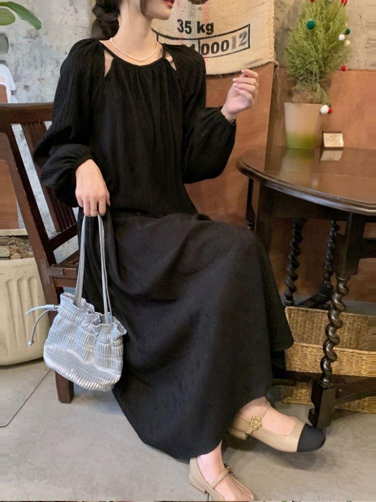 Long-Sleeve Round Neck Plain Cutout Midi A-Line Dress Product Image