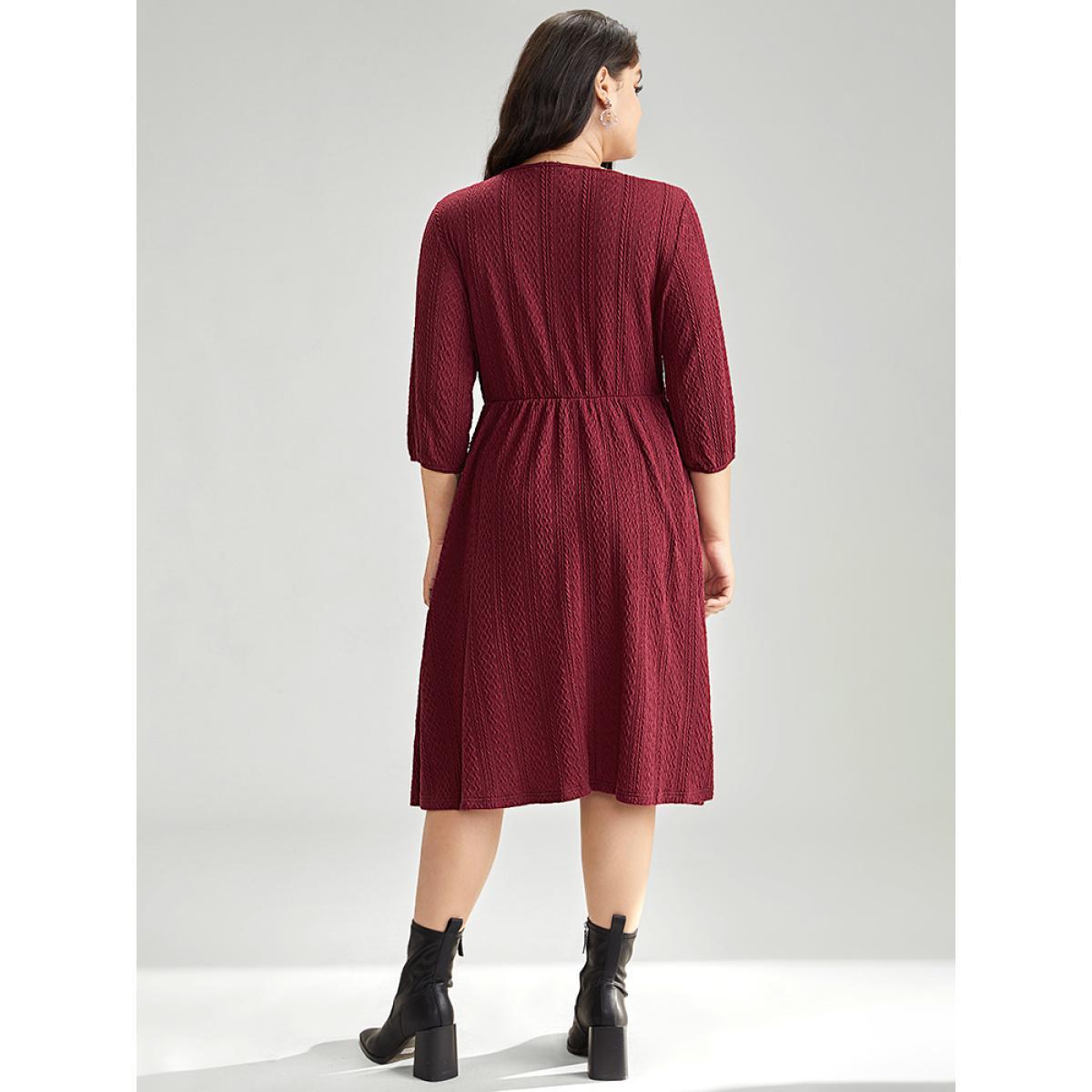 Plus Size Solid Half Zip Elastic Waist Lantern Sleeve Jacquard Dress Scarlet Women Casual Elastic cuffs V-neck Elbow-length sleeve Curvy Midi Dress BloomChic 28/5X Product Image