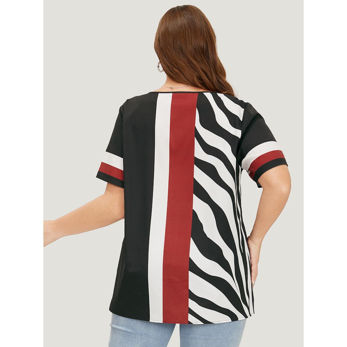 Plus Size Multicolor Striped & Geometric Print Crew Neck Blouse Women Elegant Short sleeve Round Neck Dailywear Blouses BloomChic 10/M Product Image