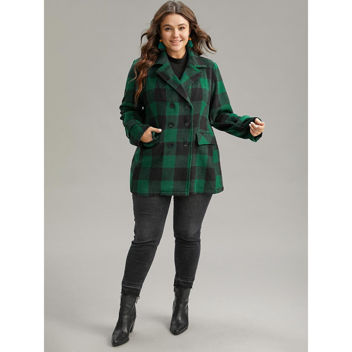 Plus Size Plaid Lapel Collar Flap Detail Double Breasted Coat Women DarkGreen Casual Contrast Ladies Dailywear Winter Coats BloomChic 18-20/2X Product Image