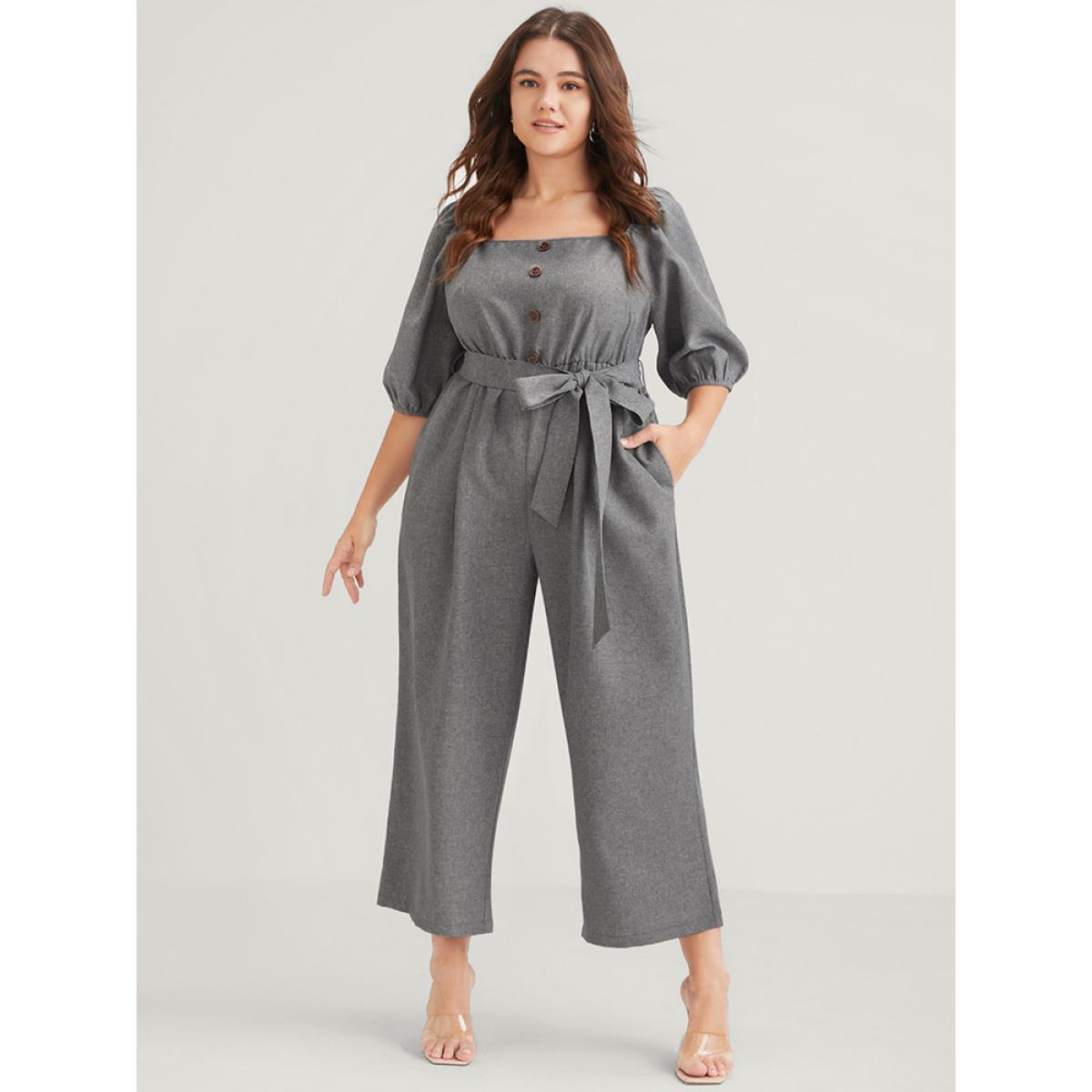 Plus Size DimGray Plain Fake Button Pocket Puff Sleeve Square Neck Belted Jumpsuit Women Office Half Sleeve Square Neck Work Loose Jumpsuits BloomChic 28/5X Product Image