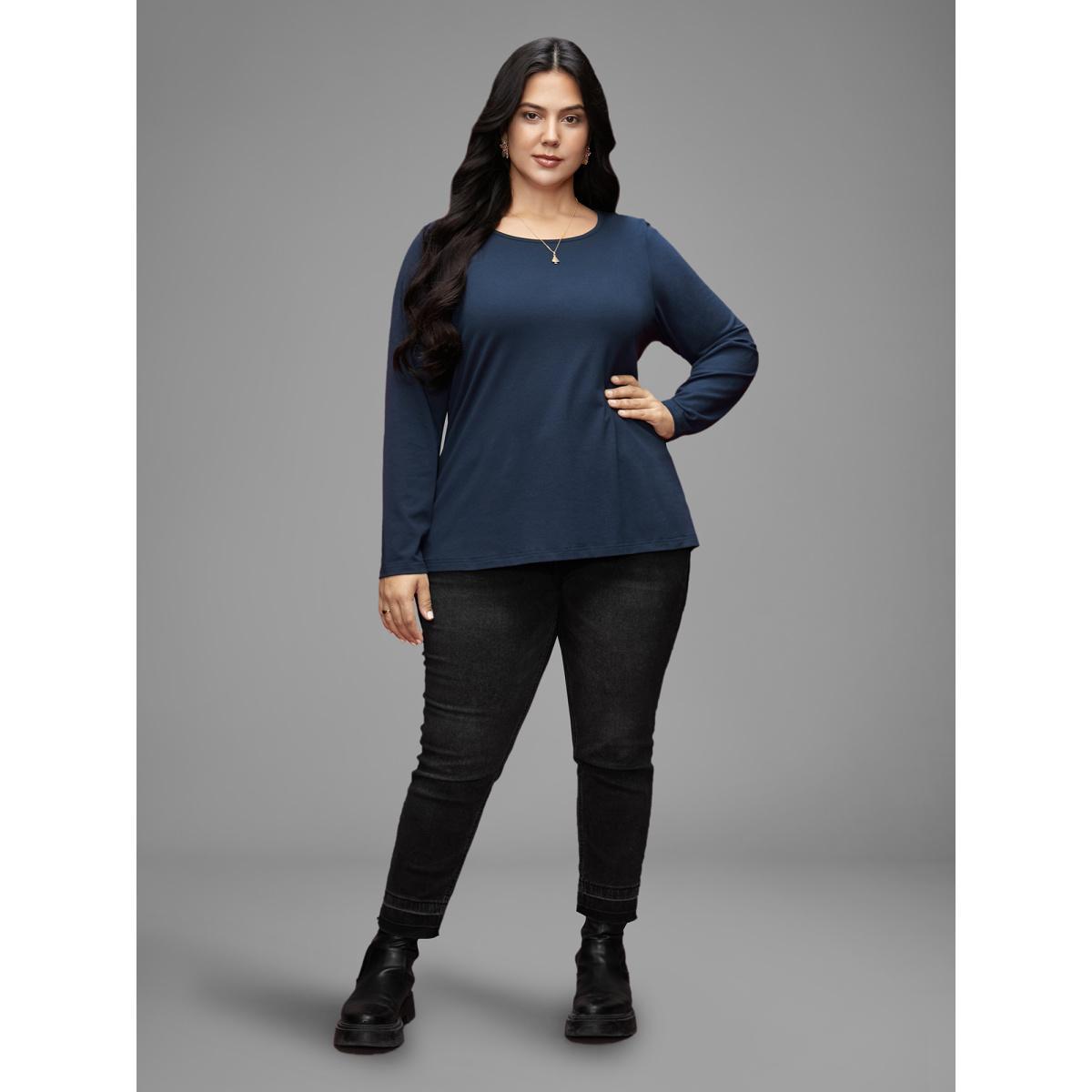 Plus Size Cotton Bow-Back Detail Slit Tee Indigo Women Casual Bowknot Non Everyday T-shirts BloomChic 22-24/3X Product Image