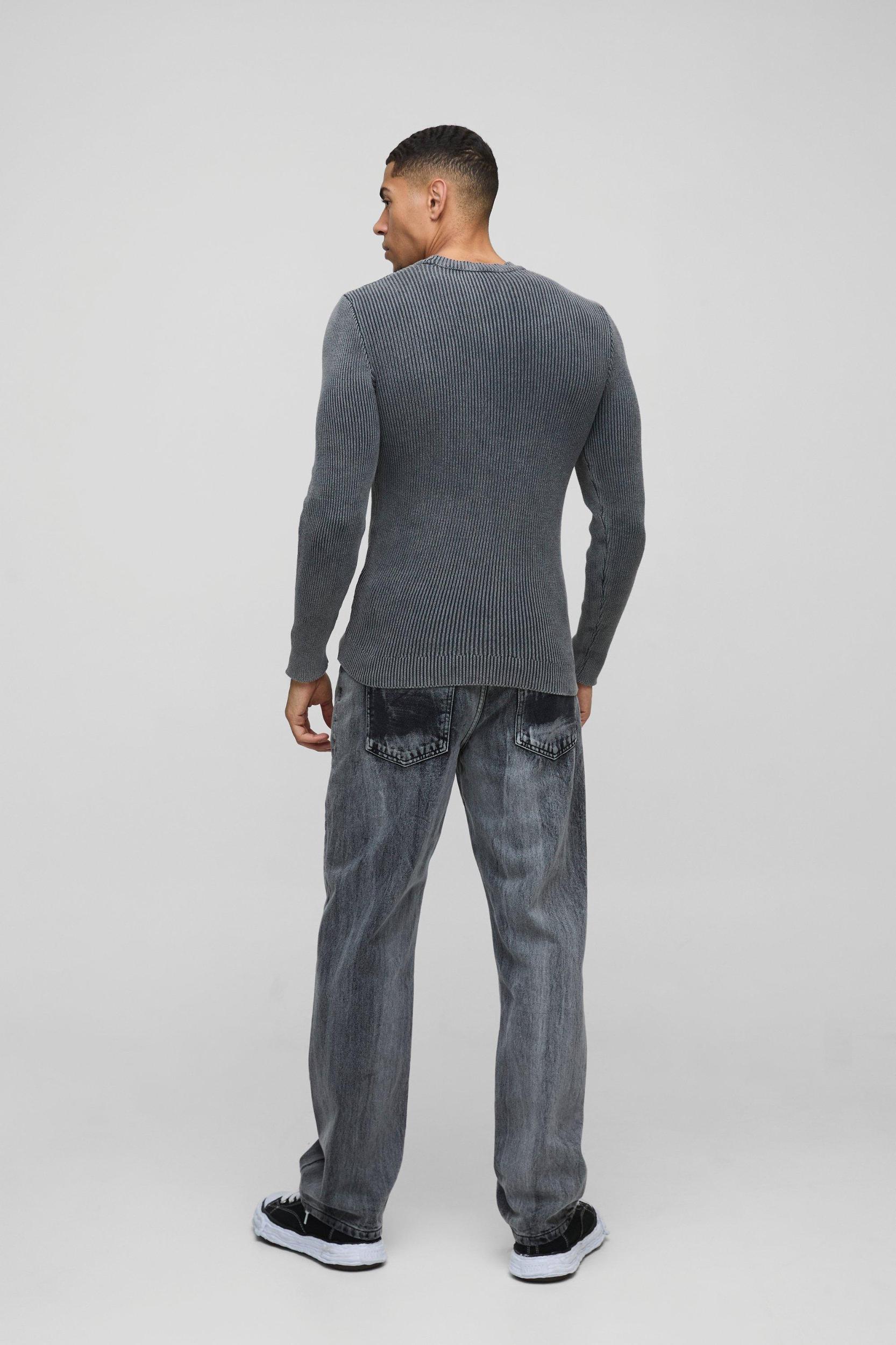 Muscle Fit Ribbed Acid Wash Knitted Sweater | boohooMAN USA Product Image