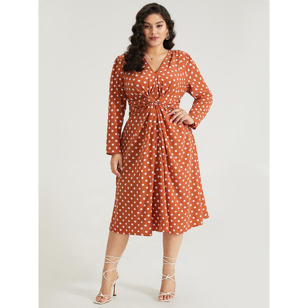 Plus Size Polka Dot Pocket V Neck Twist Front Ties Dress Salmon Women Elegant Cross straps V-neck Long Sleeve Curvy Midi Dress BloomChic 28/5X Product Image