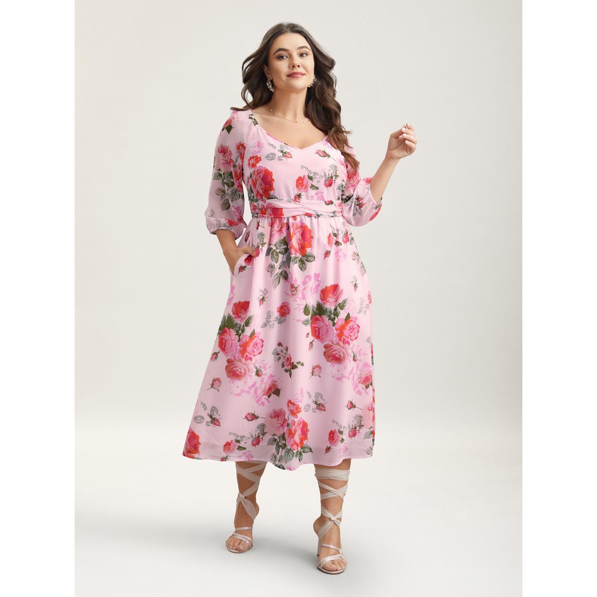 Plus Size Rosy Print Pockets Pleated Midi Dress MistyRose Women Elegant Gathered V-neck Elbow-length sleeve Curvy BloomChic 10/M Product Image