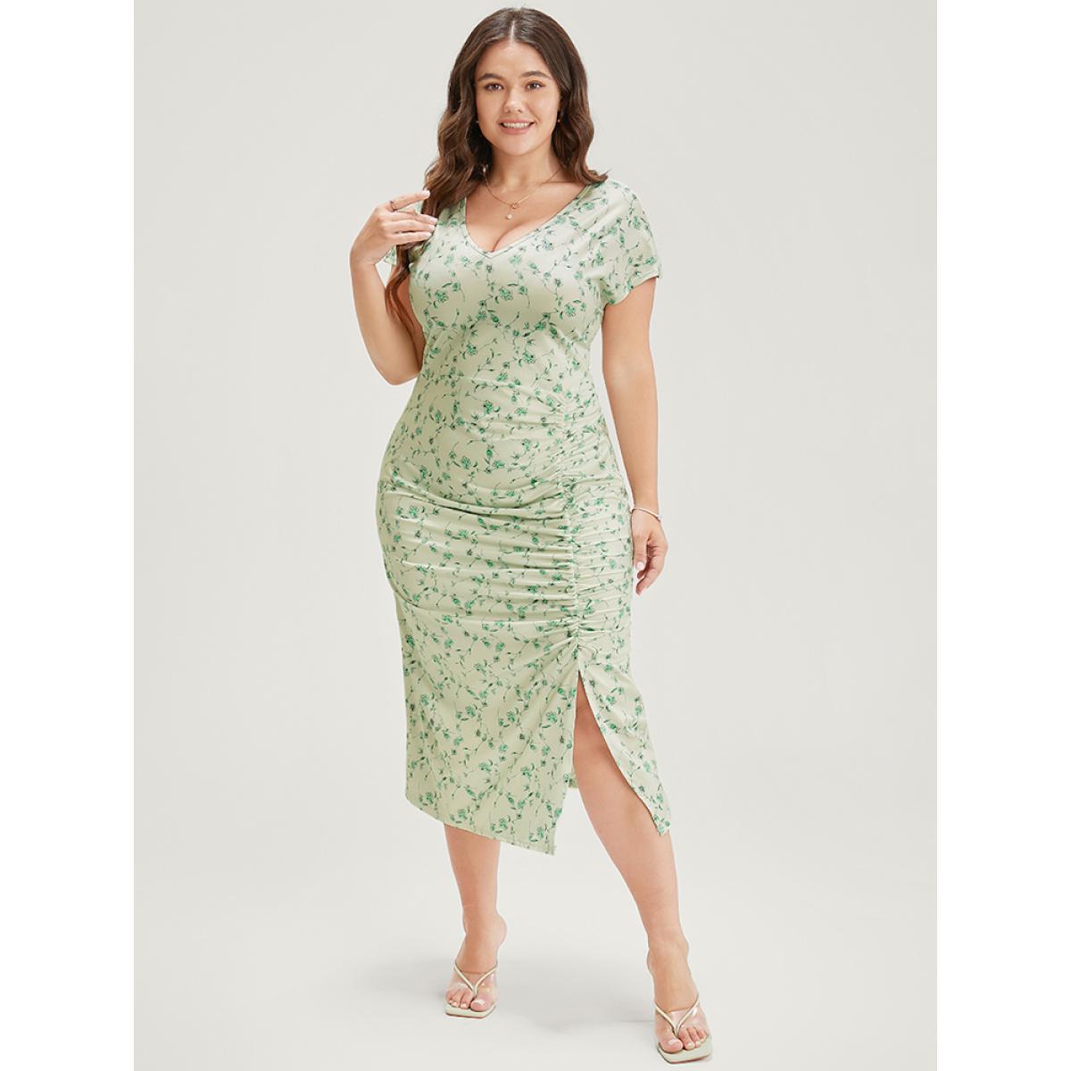 Plus Size Floral Printed Split Hem Cap Sleeve Ruched Dress Mint Women Glamour Slit V-neck Cap Sleeve Curvy Midi Dress BloomChic 14-16/1X Product Image