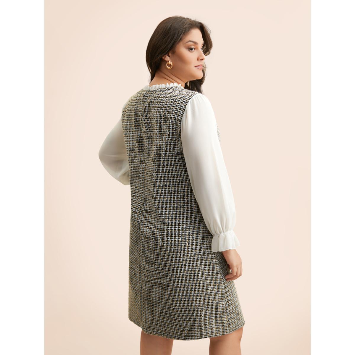 Plus Size Tweed Patchwork Ruffle Trim Dress Black Women Elegant Texture Mock Neck Long Sleeve Curvy BloomChic 26/4X Product Image