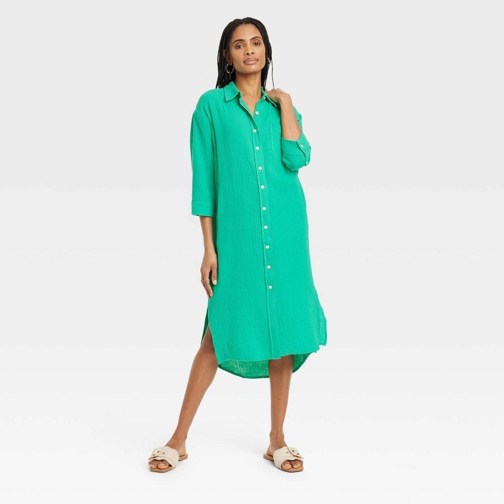 Womens 3/4 Sleeve Midi Shirtdress - Universal Thread XS: Linen Rayon Blend, Front Button Down Product Image