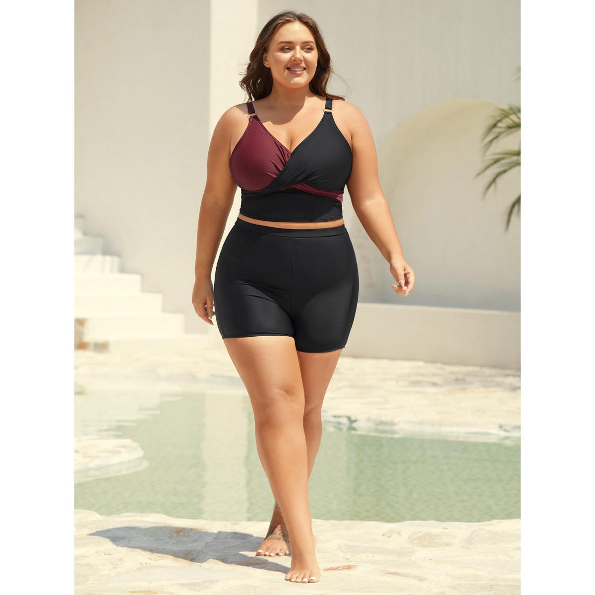 Plus Size Color Block Twist Front Ruched Swim Top Women's Swimwear Black Beach Gathered High stretch Skinny Overlap Collar Curve Swim Tops BloomChic 10/M Product Image