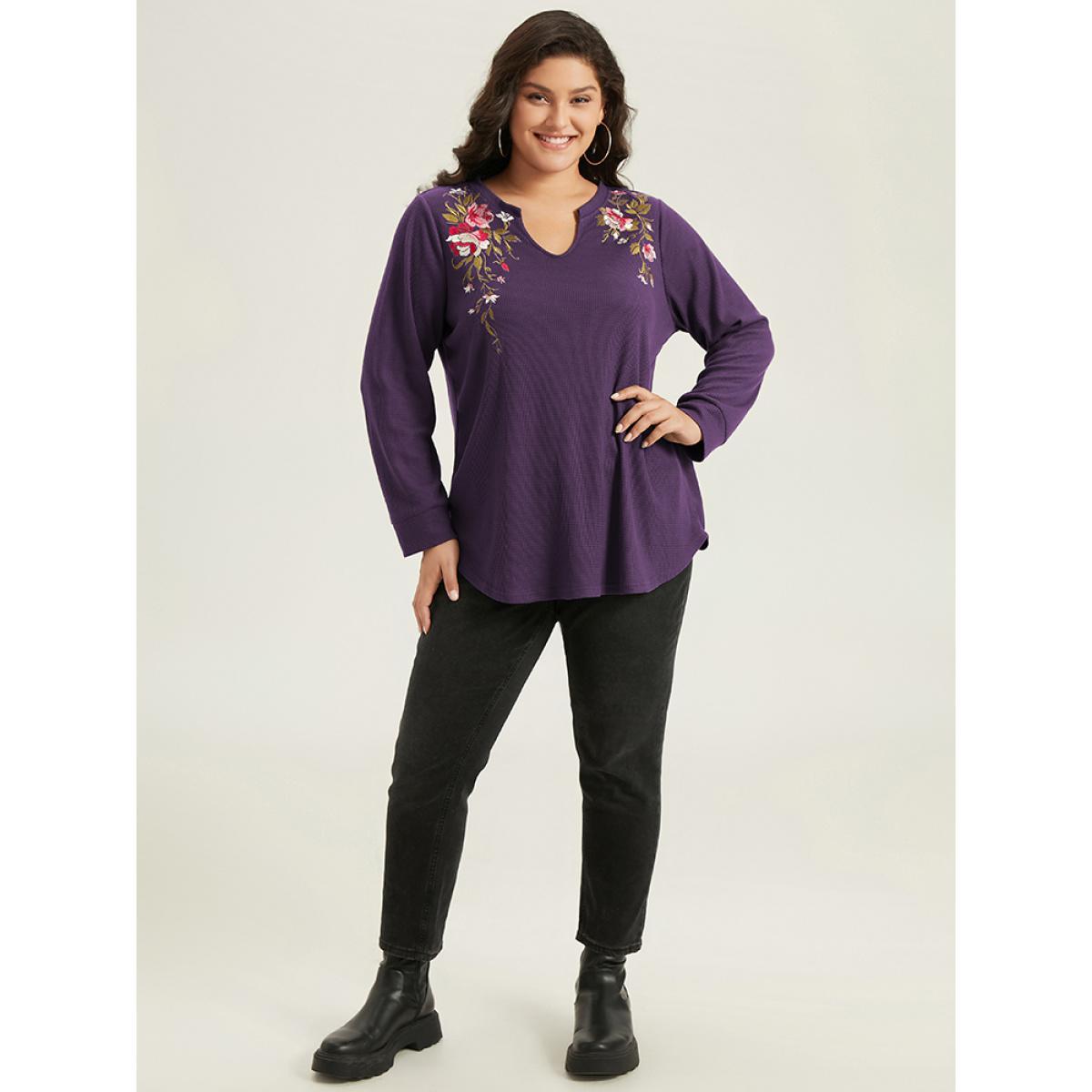 Plus Size Floral Embroidered Notched Arc Hem Sweatshirt Women Mauve Casual Embroidered Notched collar Dailywear Sweatshirts BloomChic 14-16/1X Product Image