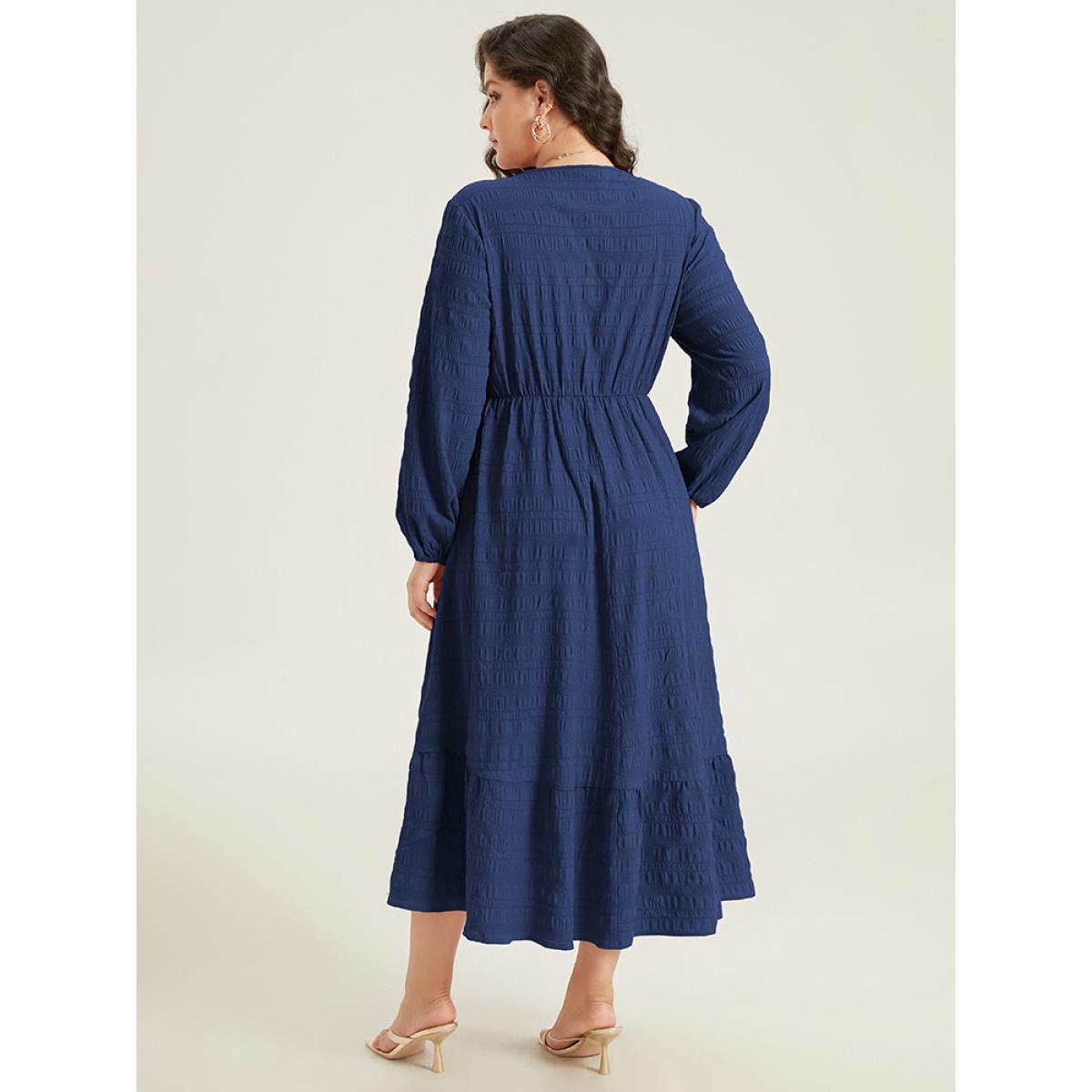 Plus Size Solid Shirred Plisse Flutter Hem Dress DarkBlue Women Elegant Elastic cuffs V-neck Long Sleeve Curvy Midi Dress BloomChic 30/6X Product Image