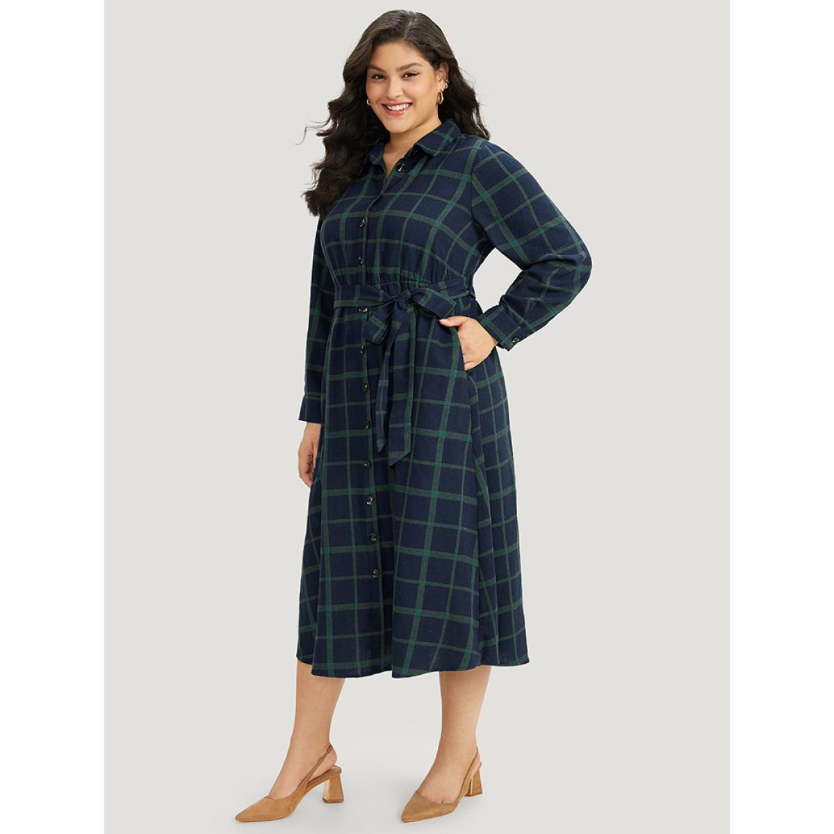 Plus Size Plaid Shirt Collar Button Fly Belted Dress Blue Women Office Belted Shirt collar Long Sleeve Curvy Midi Dress BloomChic 28/5X Product Image